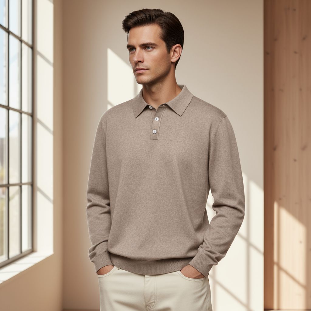 Liam – Heren Polo | Getailleerd Design met Lange Mouwen-Polo Shirts: Poloshirts-Basser-Beige-S-Basser
