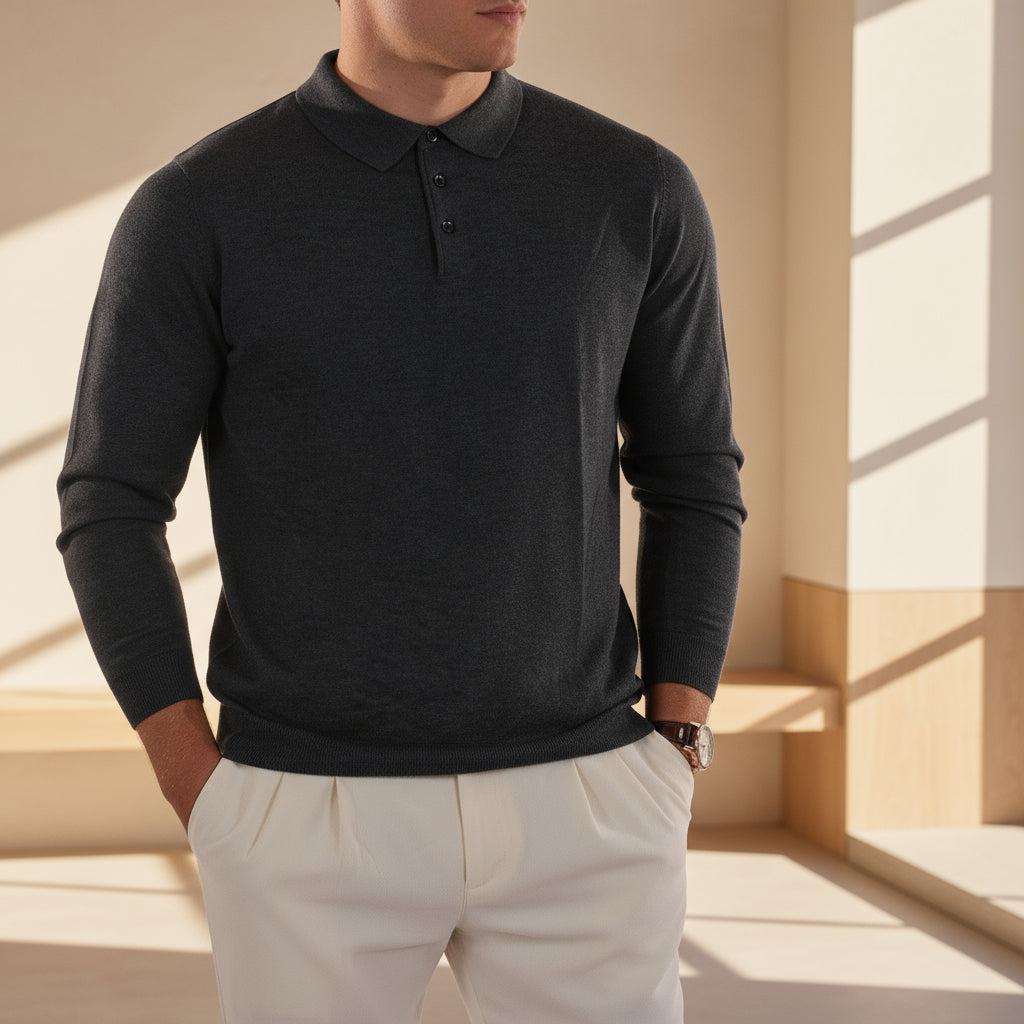 Liam – Heren Polo | Getailleerd Design met Lange Mouwen-Polo Shirts: Poloshirts-Basser-Donkergrijs-S-Basser