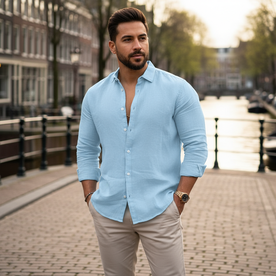 Matteo – Heren Overhemd | Ademend Linnen met Ontspannen-Basser-Blauw-S-Basser