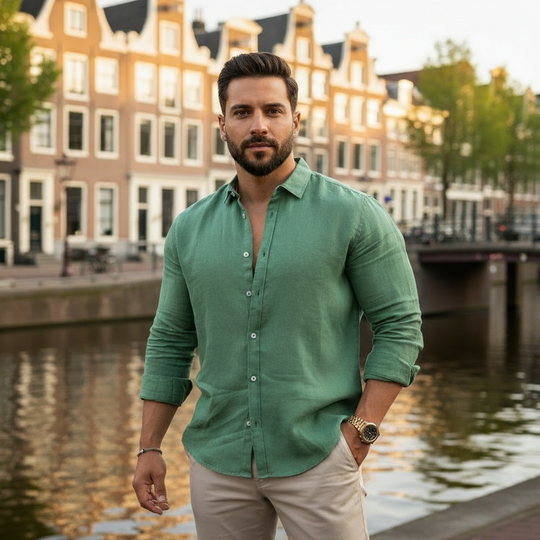 Matteo – Heren Overhemd | Ademend Linnen met Ontspannen-Basser-Groen-S-Basser