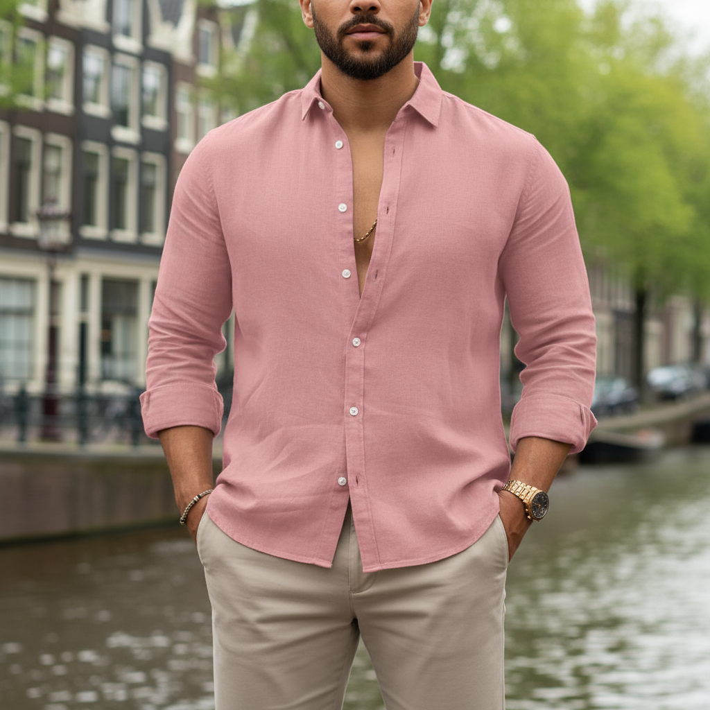 Matteo – Heren Overhemd | Ademend Linnen met Ontspannen-Basser-Roze-S-Basser