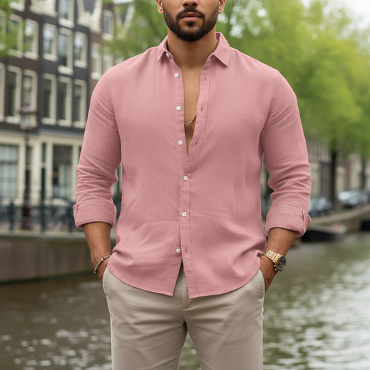 Matteo – Heren Overhemd | Ademend Linnen met Ontspannen-Basser-Roze-S-Basser