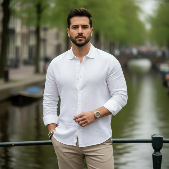 Matteo – Heren Overhemd | Ademend Linnen met Ontspannen-Basser-Wit-S-Basser