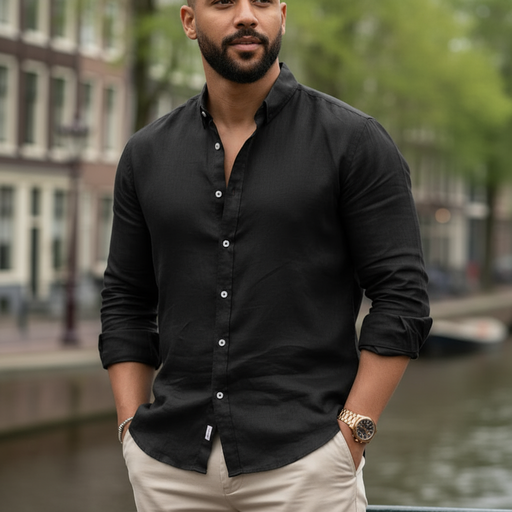 Matteo – Heren Overhemd | Ademend Linnen met Ontspannen-Basser-Zwart-S-Basser