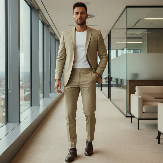 Milan Heren Pak | Klassieke Blazer en Broek Set-Basser-Khaki-2XS-Basser