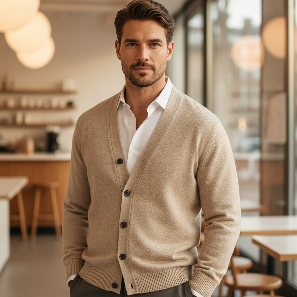 Niels – Heren Cardigan | Knopsluiting, V-Hals, Casual-Herentruien-Basser-Beige-S-Basser