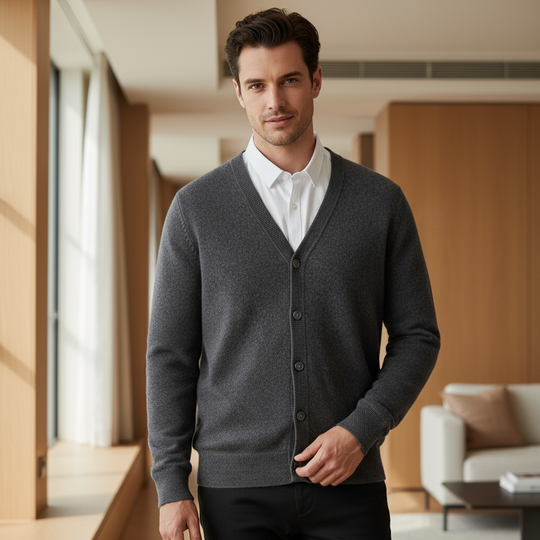 Niels – Heren Cardigan | Knopsluiting, V-Hals, Casual-Herentruien-Basser-Donkergrijs-S-Basser