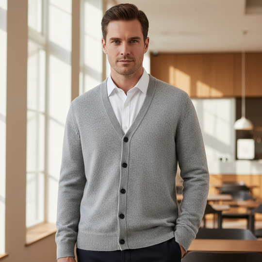 Niels – Heren Cardigan | Knopsluiting, V-Hals, Casual-Herentruien-Basser-Grijs-S-Basser
