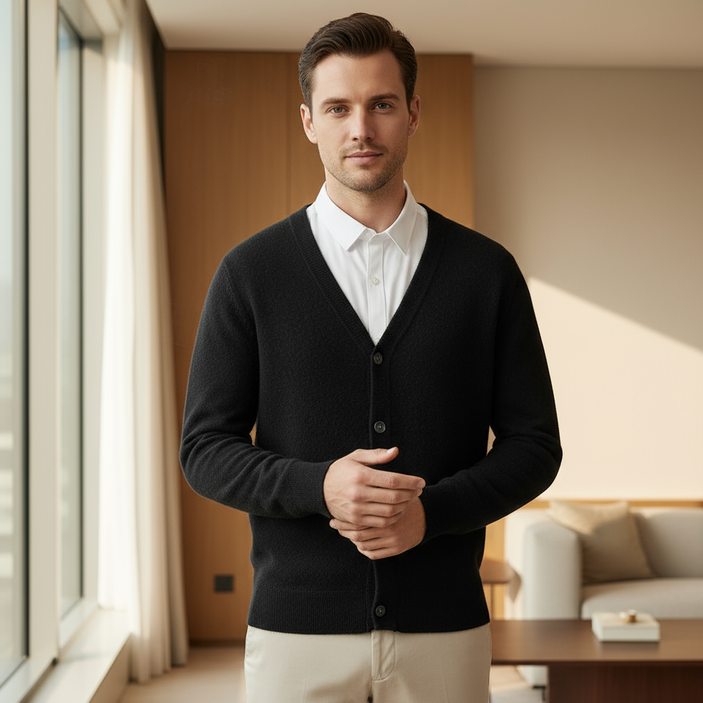 Niels – Heren Cardigan | Knopsluiting, V-Hals, Casual-Herentruien-Basser-Zwart-S-Basser