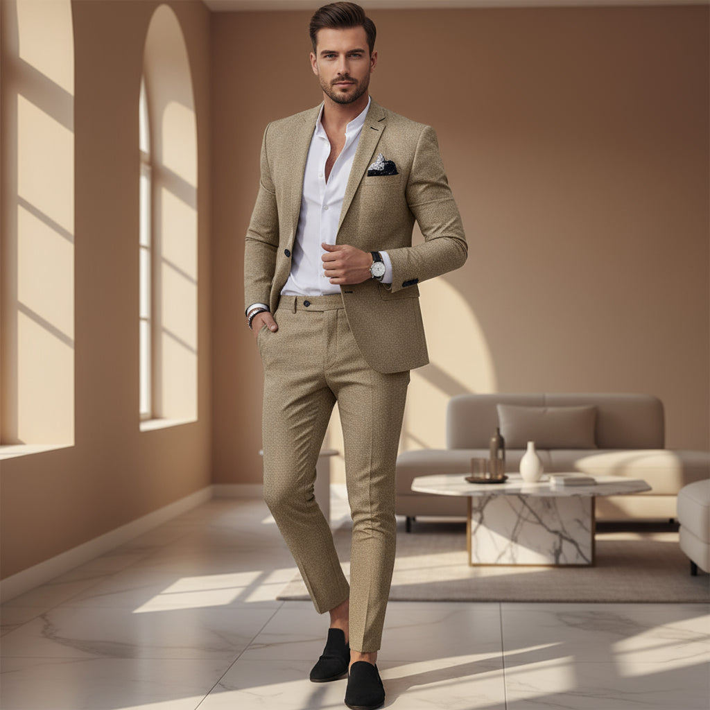 Philip – Herenpak | Slim Fit Blauw Heren Pak met Modern Comfort-Basser-Kaki-M-Basser