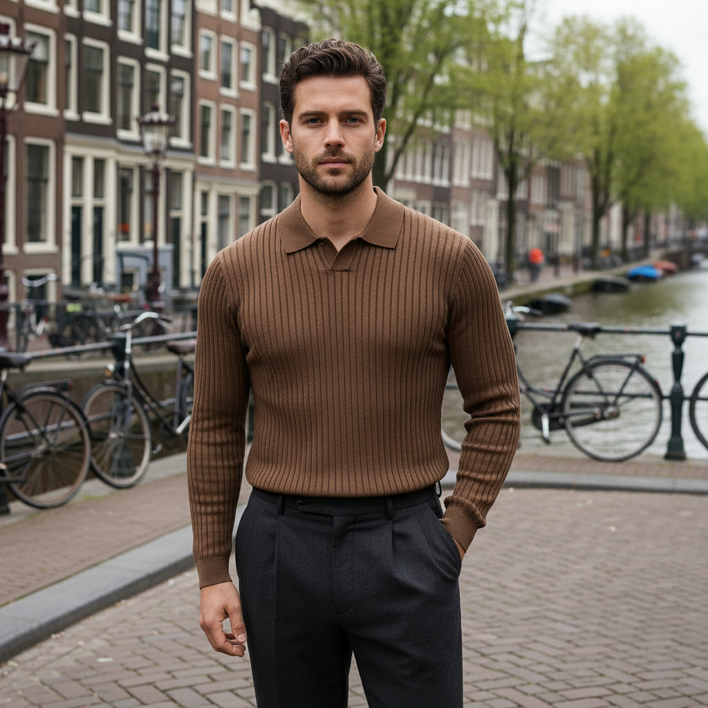Rowan – Heren Poloshirt | Ademend Comfort met Tijdloos Streepdessin-Basser-Bruin-S-Basser