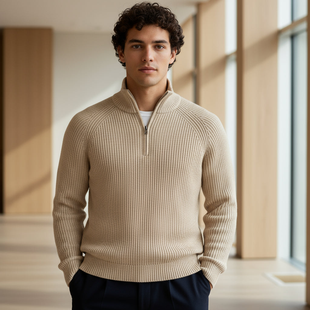 Ruben – Heren Sweater | Gebreid, Modern Design met Praktische Rits-Herentruien-Basser-Beige-S-Basser