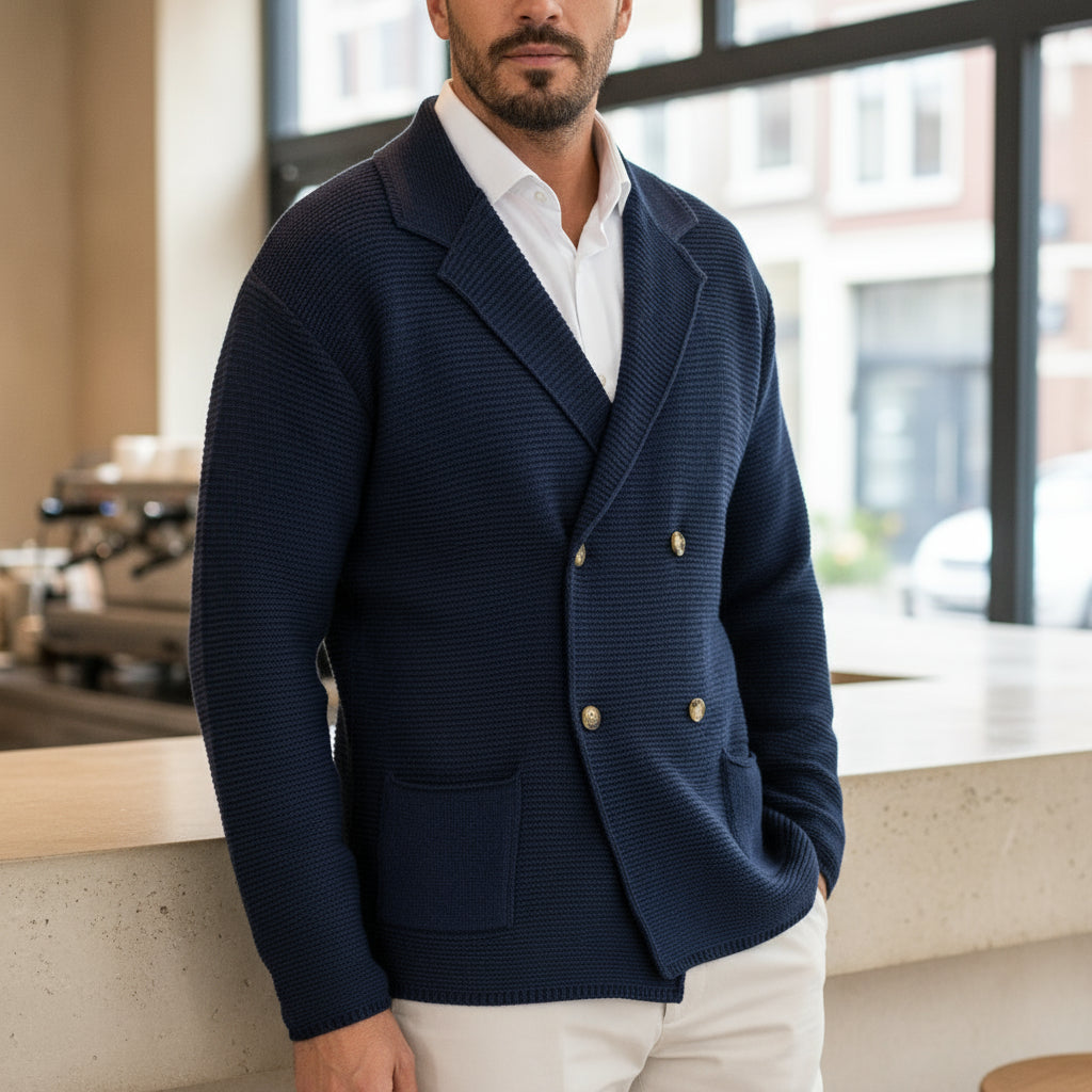 Sem – Heren Cardigan | Dubbelrijs Blazerstijl-Heren Cardigans-Basser-Blauw-S-Basser