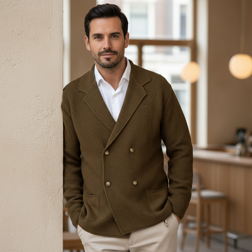Sem – Heren Cardigan | Dubbelrijs Blazerstijl-Heren Cardigans-Basser-Bruin-S-Basser