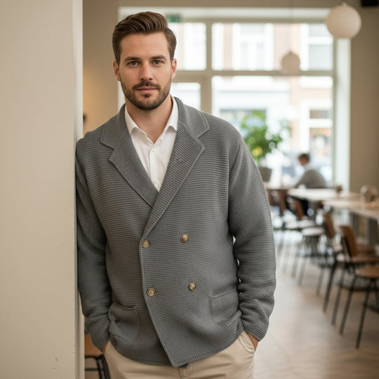 Sem – Heren Cardigan | Dubbelrijs Blazerstijl-Heren Cardigans-Basser-Grijs-S-Basser