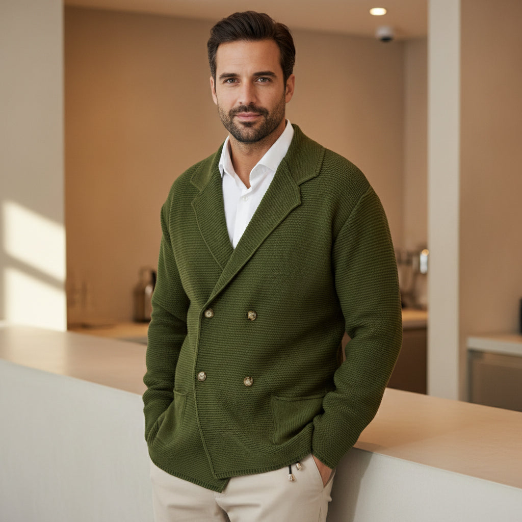 Sem – Heren Cardigan | Dubbelrijs Blazerstijl-Heren Cardigans-Basser-Groen-S-Basser