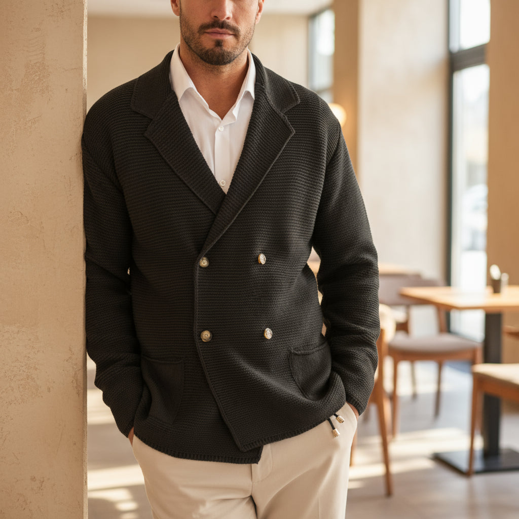 Sem – Heren Cardigan | Dubbelrijs Blazerstijl-Heren Cardigans-Basser-Zwart-S-Basser