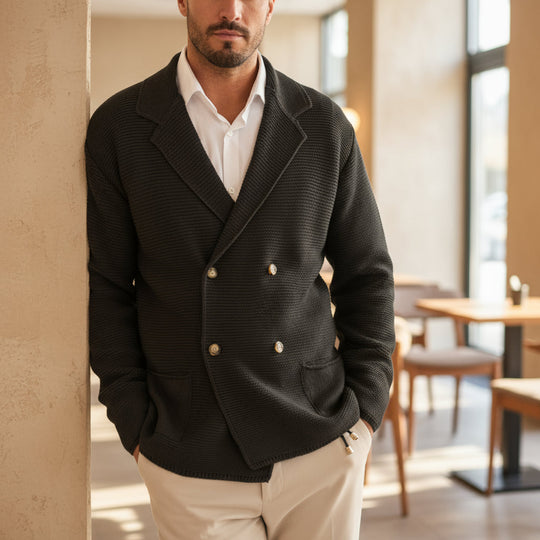 Sem – Heren Cardigan | Dubbelrijs Blazerstijl-Heren Cardigans-Basser-Zwart-S-Basser
