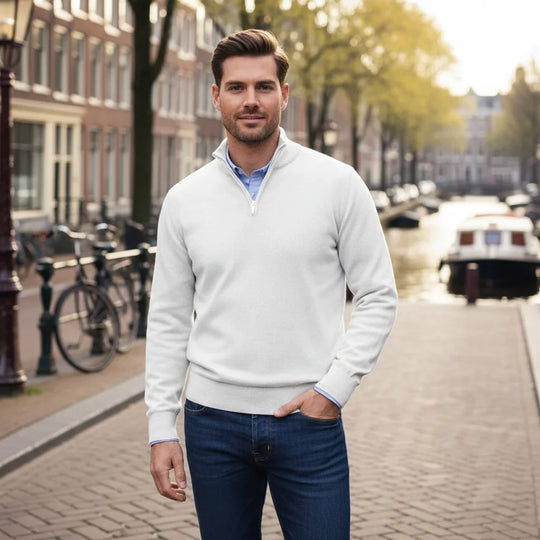 Stefan – Heren Trui | Comfortabele Mix met Ritssluiting voor Stijlvolle Casual Looks-Basser-Wit-S-Basser