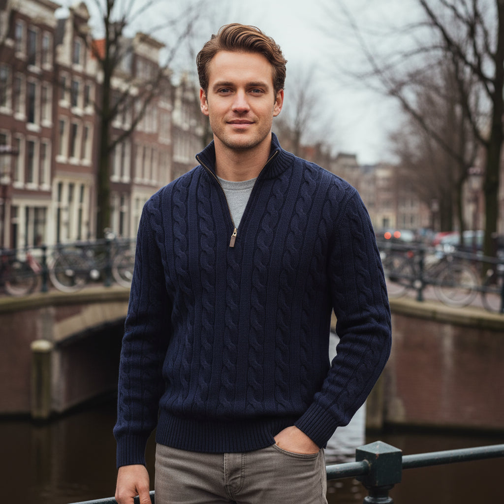Ties – Heren Trui met Halve Rits | Kabelbrei, Tijdloos Design-Herentruien-Basser-Basser