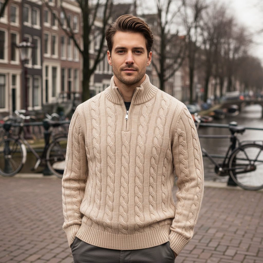 Ties – Heren Trui met Halve Rits | Kabelbrei, Tijdloos Design-Herentruien-Basser-Beige-M-Basser