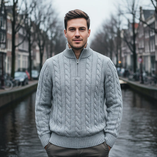 Ties – Heren Trui met Halve Rits | Kabelbrei, Tijdloos Design-Herentruien-Basser-Grijs-M-Basser