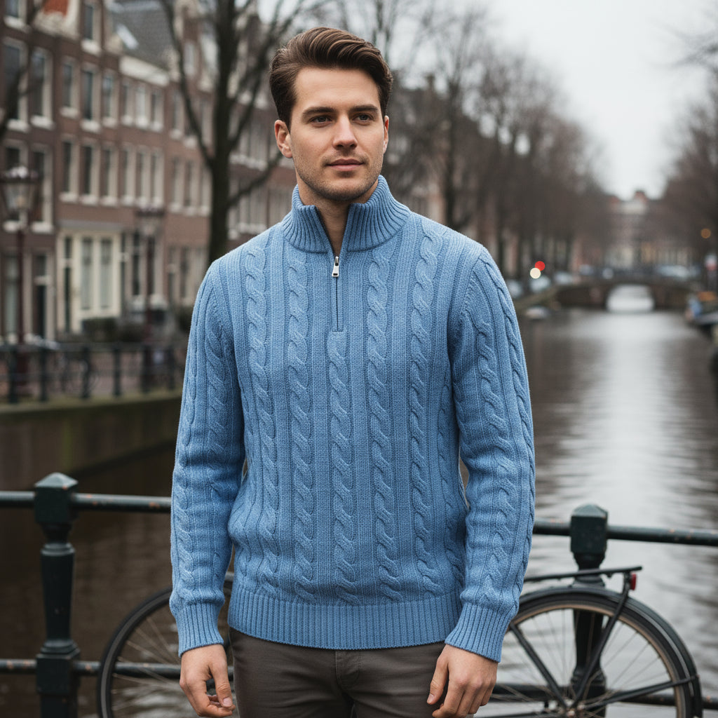 Ties – Heren Trui met Halve Rits | Kabelbrei, Tijdloos Design-Herentruien-Basser-Lichtblauw-M-Basser