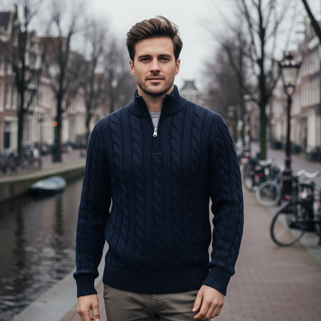Ties – Heren Trui met Halve Rits | Kabelbrei, Tijdloos Design-Herentruien-Basser-Marineblauw-M-Basser