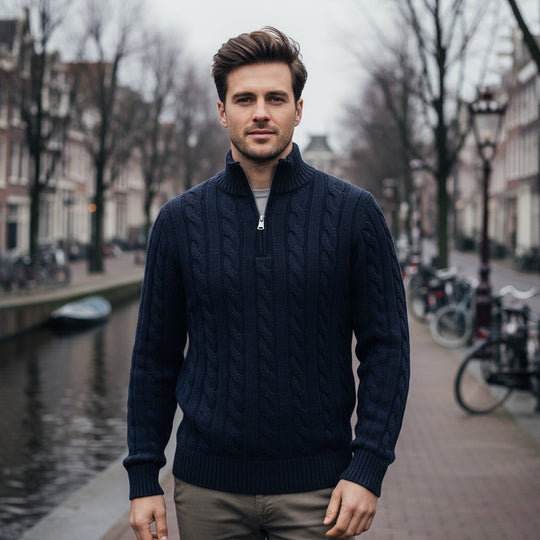 Ties – Heren Trui met Halve Rits | Kabelbrei, Tijdloos Design-Herentruien-Basser-Marineblauw-M-Basser