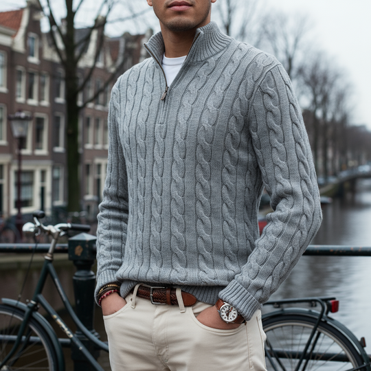 Ties – Heren Trui met Halve Rits | Kabelbrei, Tijdloos Design-Herentruien-Basser-Basser
