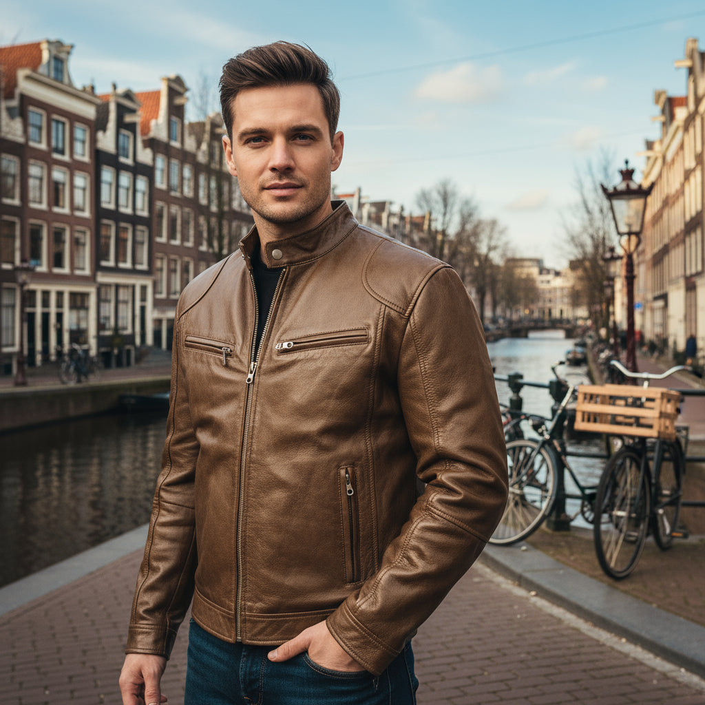 Tom – Heren Biker Jas | Casual Comfortabele Stijl-Jassen-Basser-Khaki-S-Basser
