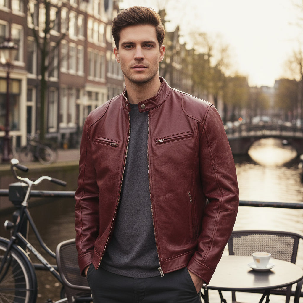 Tom – Heren Biker Jas | Casual Comfortabele Stijl-Jassen-Basser-Wijn Rood-S-Basser