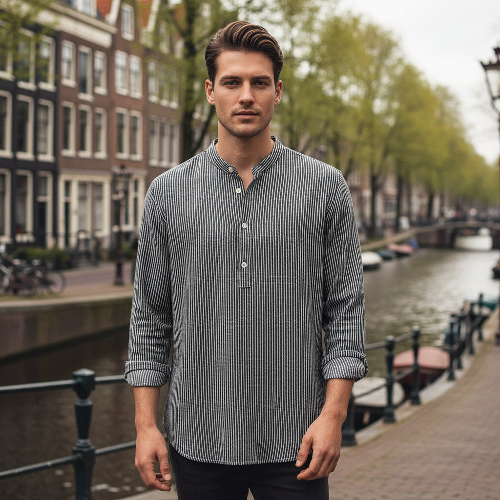 Victor Heren Longsleeve | Ademend Henley Shirt-Basser-Zwart-S-Basser