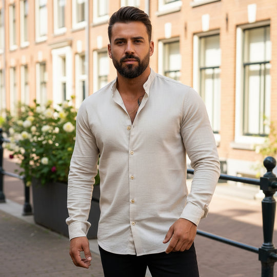 Victor Heren Overhemd | Ademend Design-Casual Shirts: Casual Shirts-Basser-Beige-M-Basser