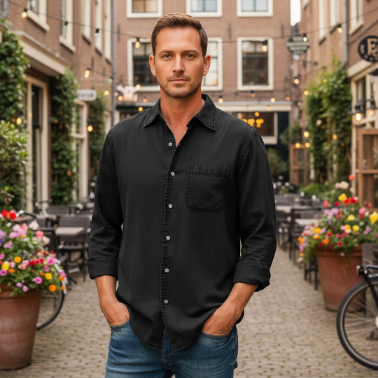 Victor Heren Overhemd | Relaxed Fit Denim-Denim Hemden-Basser-Zwart-S-Basser