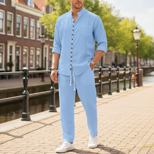 Victor Heren Set | Ademend Linnenmix-Basser-Blauw-S-Basser