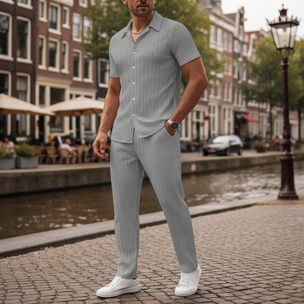 Victor Heren Set | Luchtig Overhemd en Lange Broek-Sets voor heren-Basser-Grijs-S-Basser