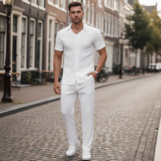 Victor Heren Set | Luchtig Overhemd en Lange Broek-Sets voor heren-Basser-Wit-S-Basser