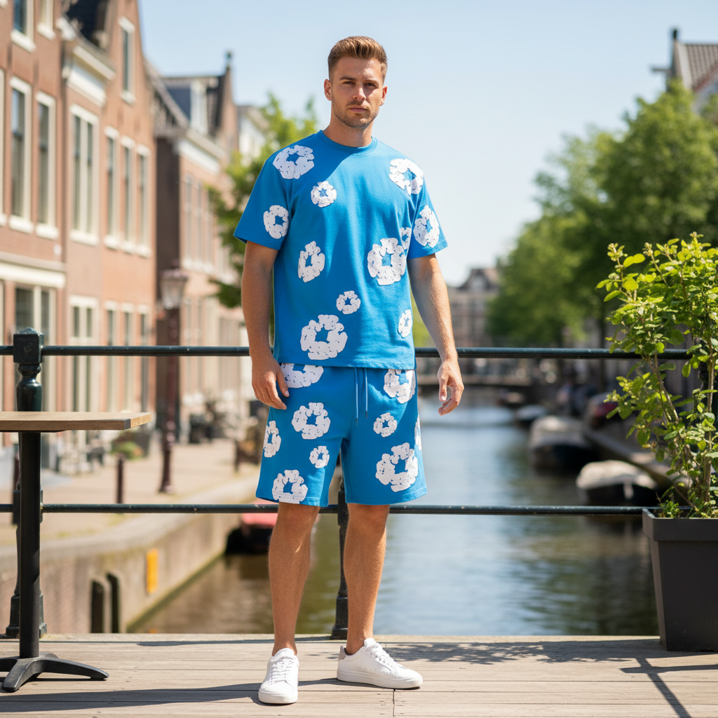 Victor Uniseks Set | Bloemenprint-Basser-Blauw-S-Basser