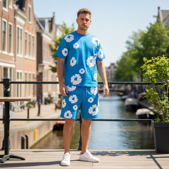 Victor Uniseks Set | Bloemenprint-Basser-Blauw-S-Basser