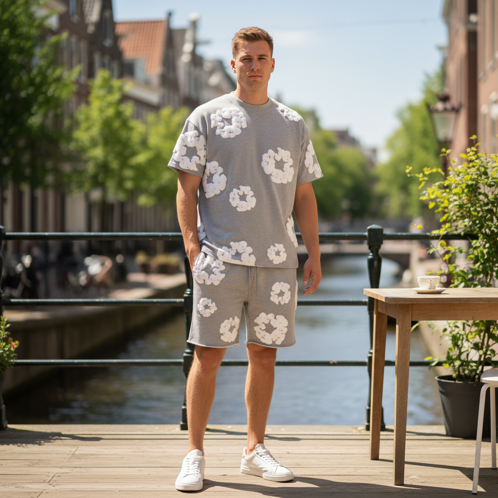Victor Uniseks Set | Bloemenprint-Basser-Grijs-S-Basser