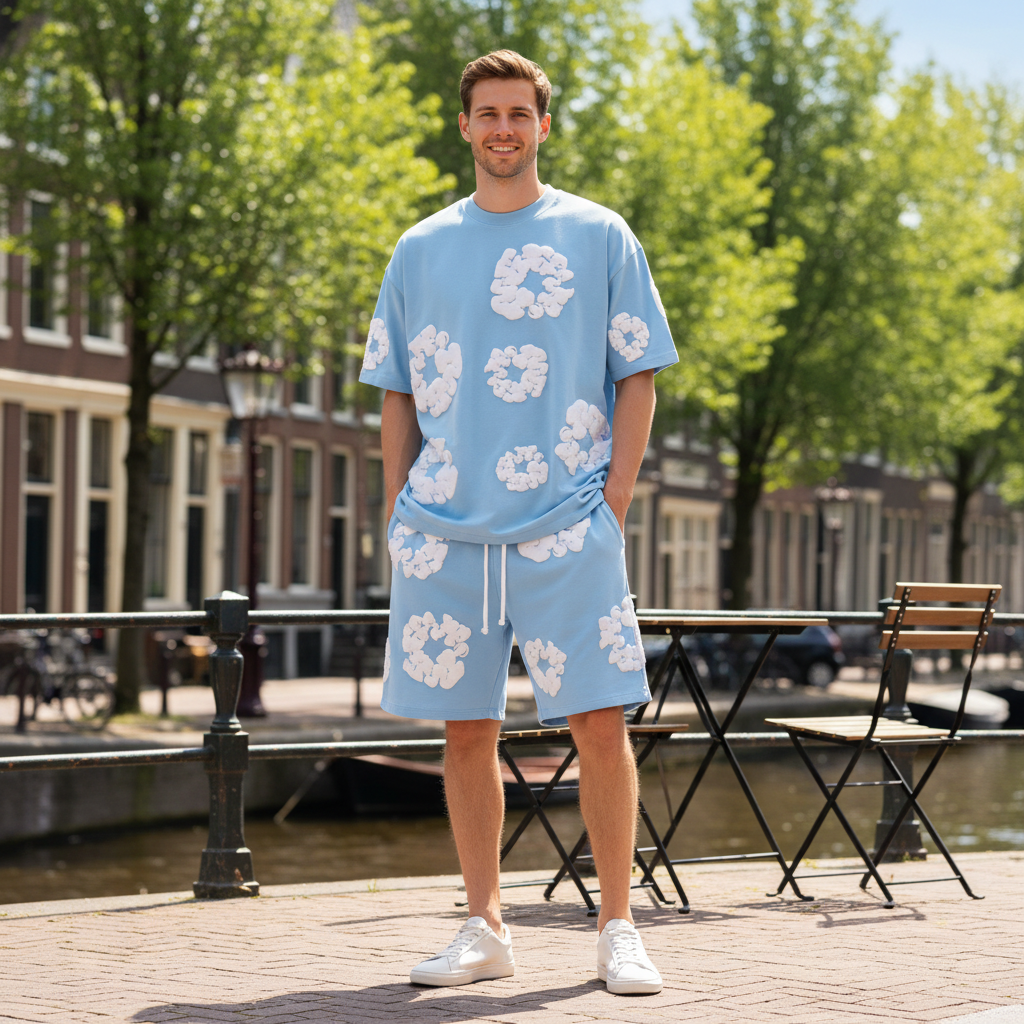 Victor Uniseks Set | Bloemenprint-Basser-Lichtblauw-S-Basser