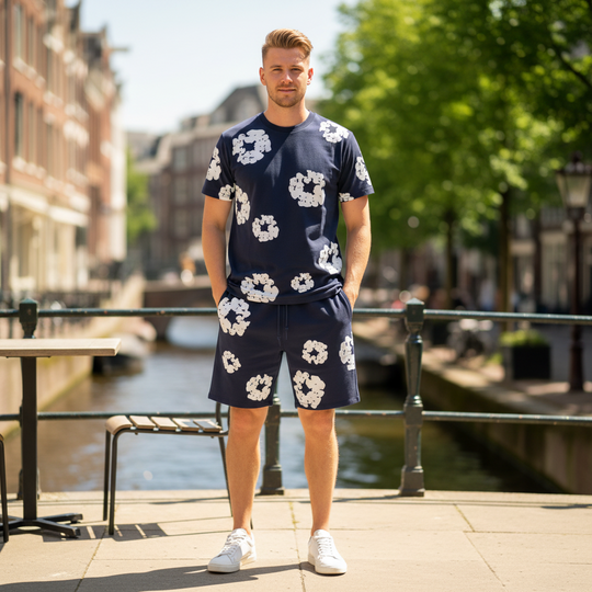 Victor Uniseks Set | Bloemenprint-Basser-Marineblauw-S-Basser