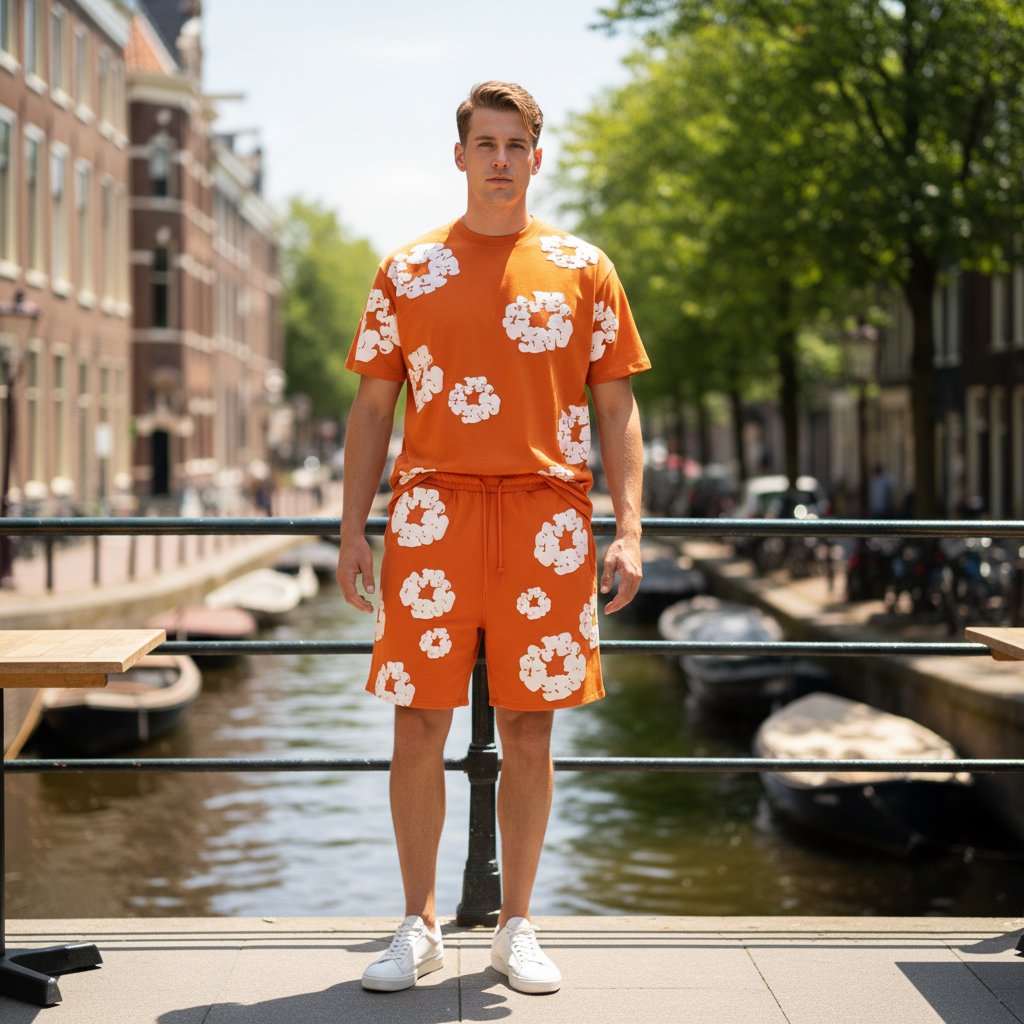Victor Uniseks Set | Bloemenprint-Basser-Oranje-S-Basser