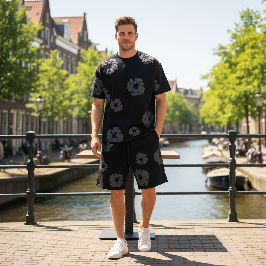 Victor Uniseks Set | Bloemenprint-Basser-Volledig Zwart-S-Basser