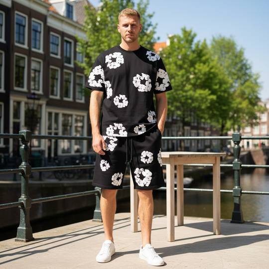 Victor Uniseks Set | Bloemenprint-Basser-Zwart-S-Basser