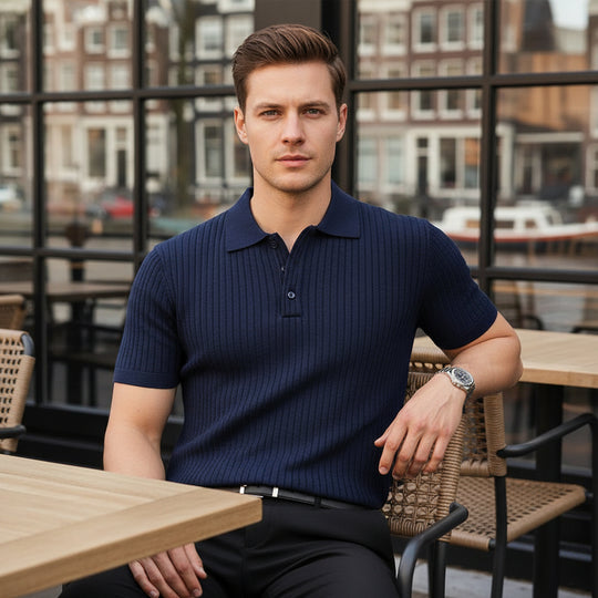 Vince Heren Poloshirt | Geribbelde Structuur-Heren tops-Basser-Donkerblauw-S-Basser