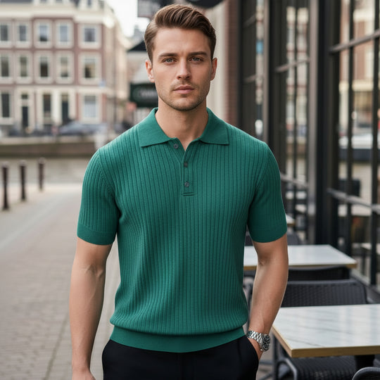 Vince Heren Poloshirt | Geribbelde Structuur-Heren tops-Basser-Donkergroen-S-Basser