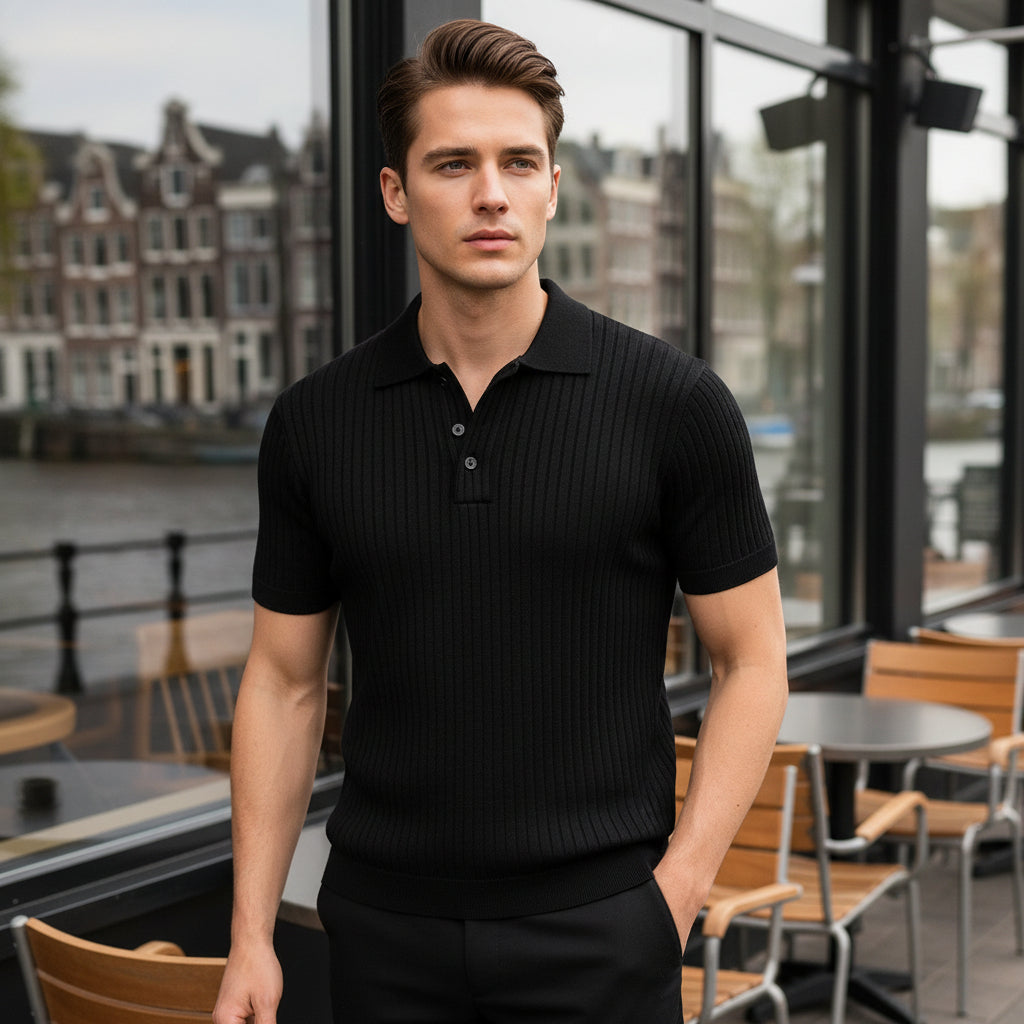 Vince Heren Poloshirt | Geribbelde Structuur-Heren tops-Basser-Zwart-S-Basser