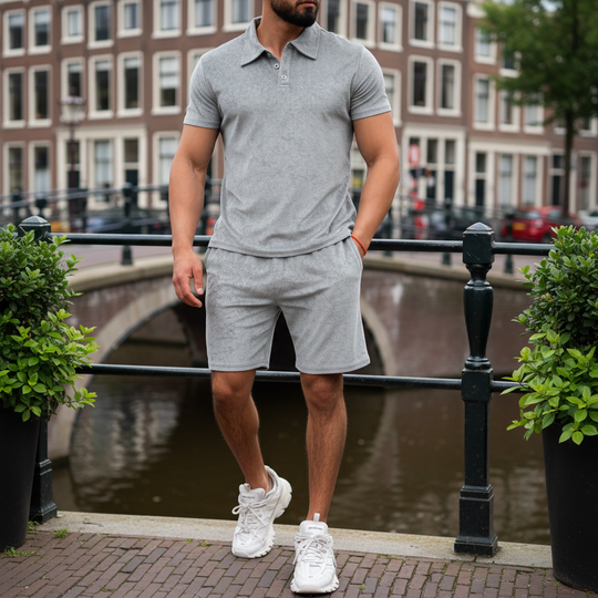 Vince Heren Set | Slim Fit Polo en Short-Basser-Grijs-M-Basser
